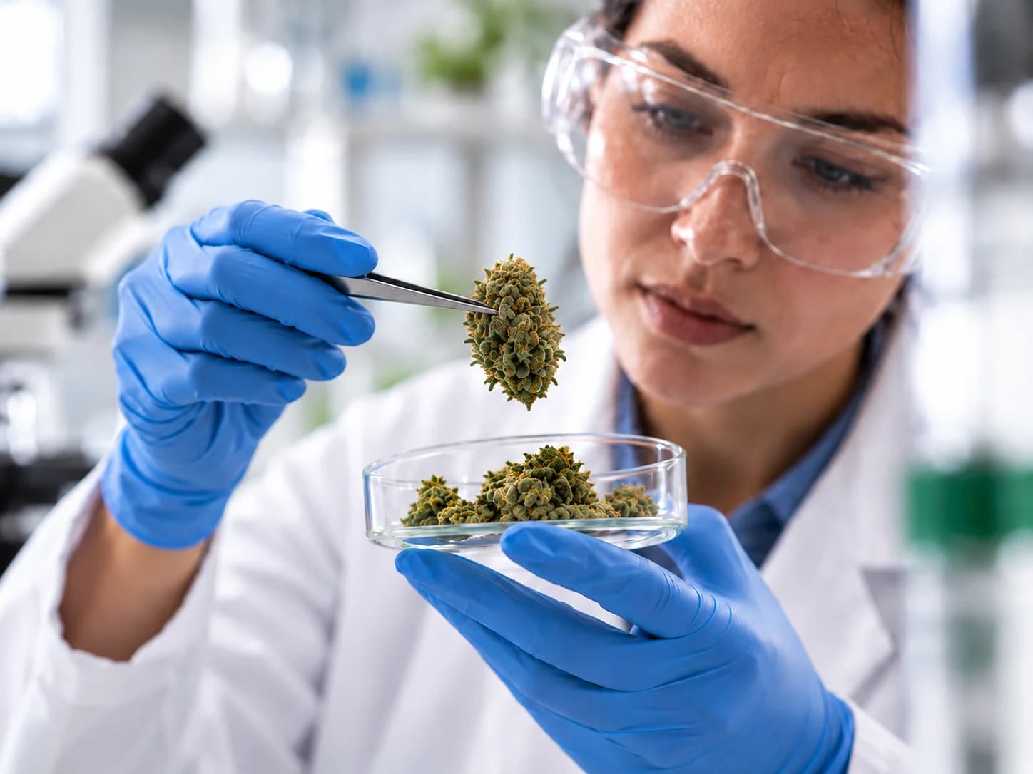 A lab technician in safety glasses lifting a cannabis bud from a petri dish with tweezers