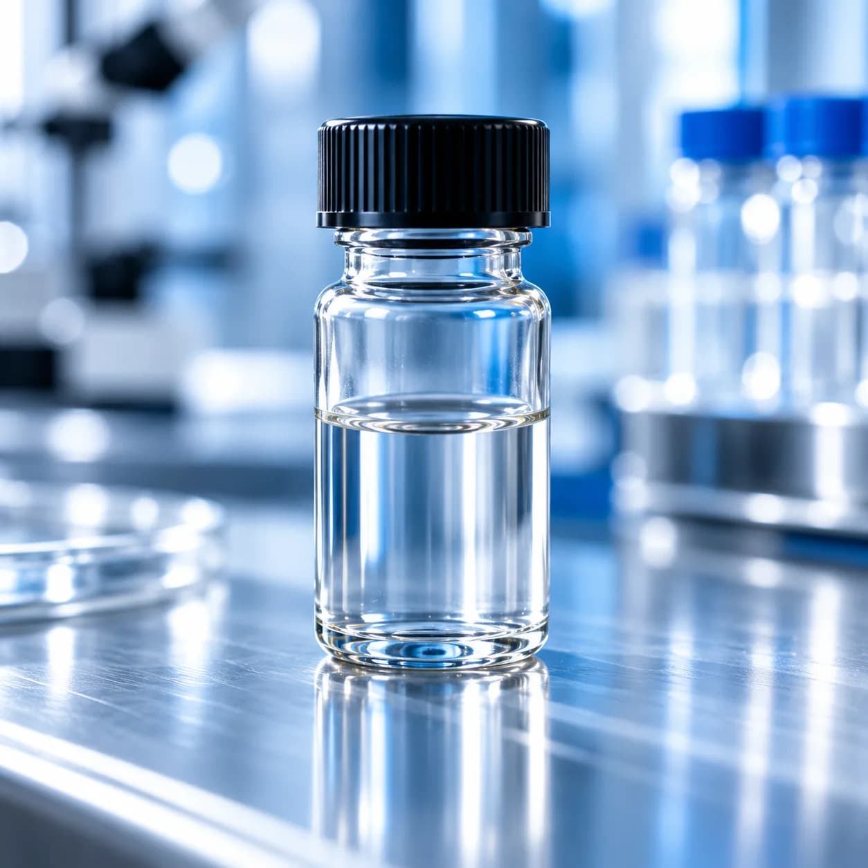 A clear sample vial on a lab bench