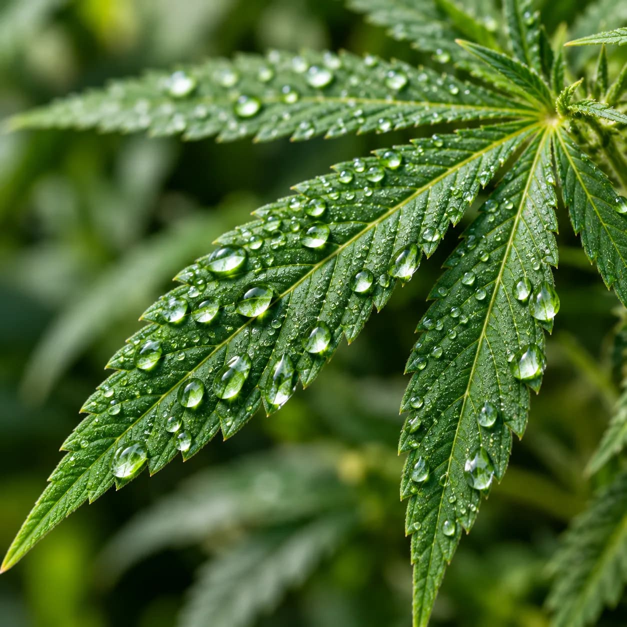 Water droplets on a cannabis leaf