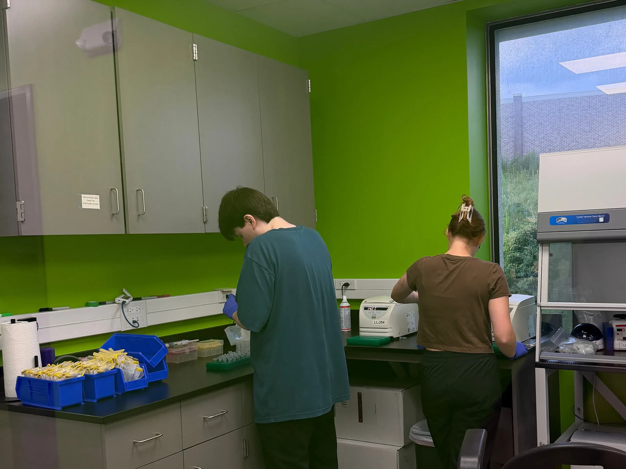 Two analysts working at the bench in the green-walled laboratory