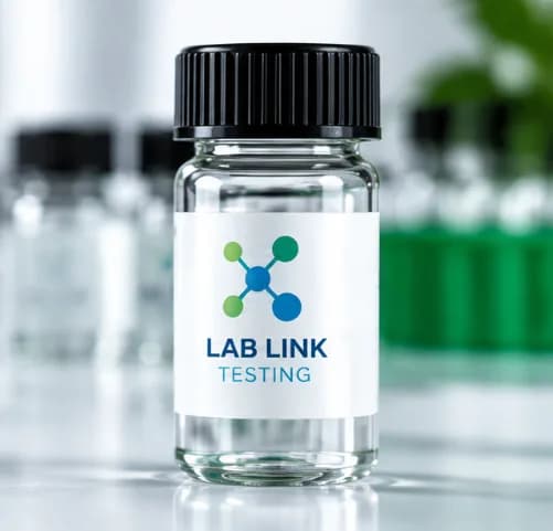 A sample vial with a Lab Link Testing label