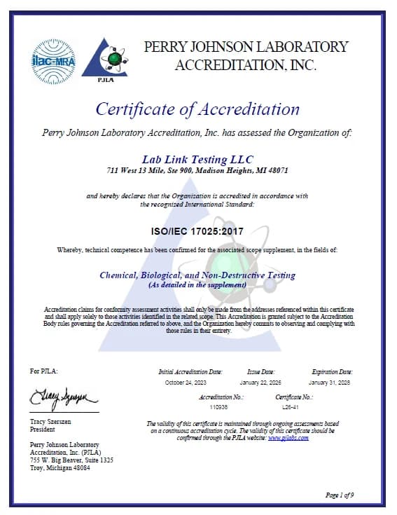 The PJLA certificate of accreditation to ISO/IEC 17025:2017 issued to Lab Link Testing LLC
